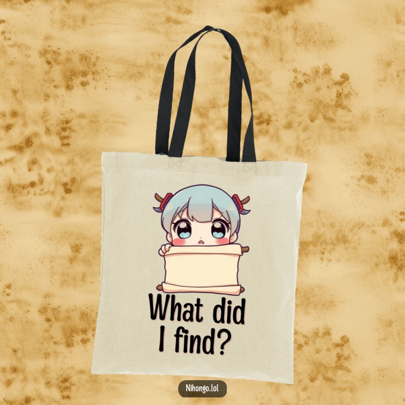 Funny Tote Bag depicting a character with wide eyes reacting with surprise to the contents of a scroll, ideal for carrying items with flair.
